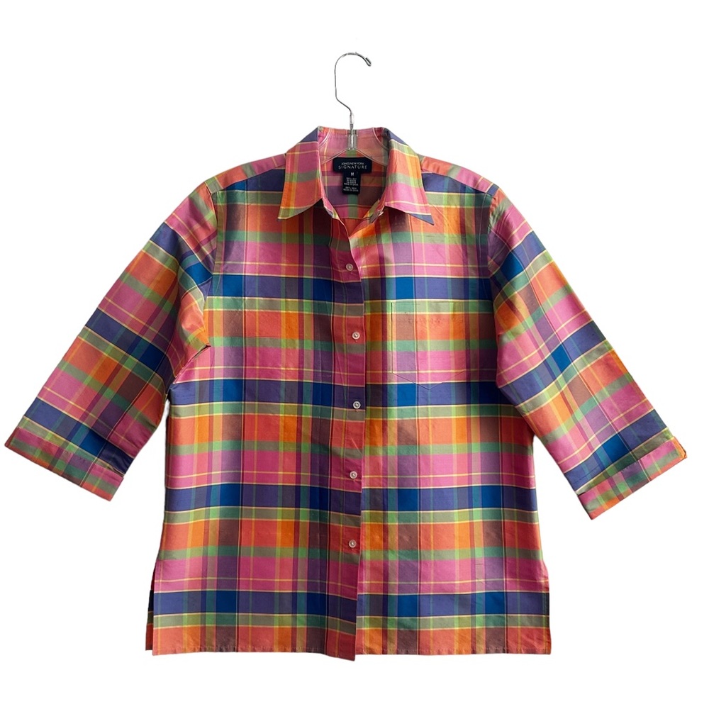 Jones New York Signature Spring Summer Preppy Plaid Silk Shantung Blouse M - Picture 1 of 7